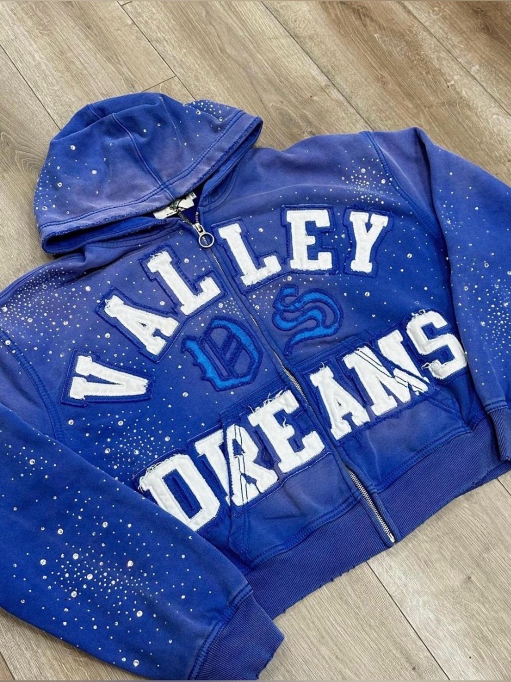 Blue Embellished Zip-Up Hoodie Jacket - Valley Dreams